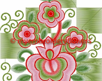Könnte beinhalten: Ein Stickmuster mit einer großen zentralen rosa Blume mit grünen Akzenten, umgeben von drei kleineren rosa Blumen, grünen Blättern und geschwungenen Rankenmustern. Der Text myembroideryflowers ist in Rot zu sehen.