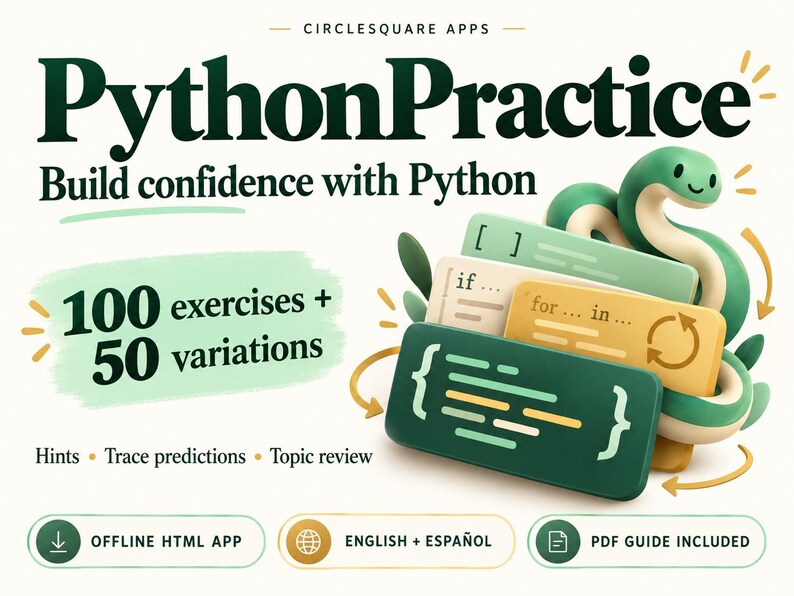 PythonPractice — Python Coding Exercises for Beginners, 100 Challenges + 50 Variations, Offline App, English and Spanish image 1