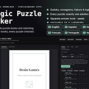 Pode incluir: Uma interface de download digital para o software Logic Puzzle Maker, com um painel em modo escuro que mostra a pré-visualização de um livro de jogos mentais, incluindo Sudoku, nonogramas, Kakuro e grelhas lógicas.
