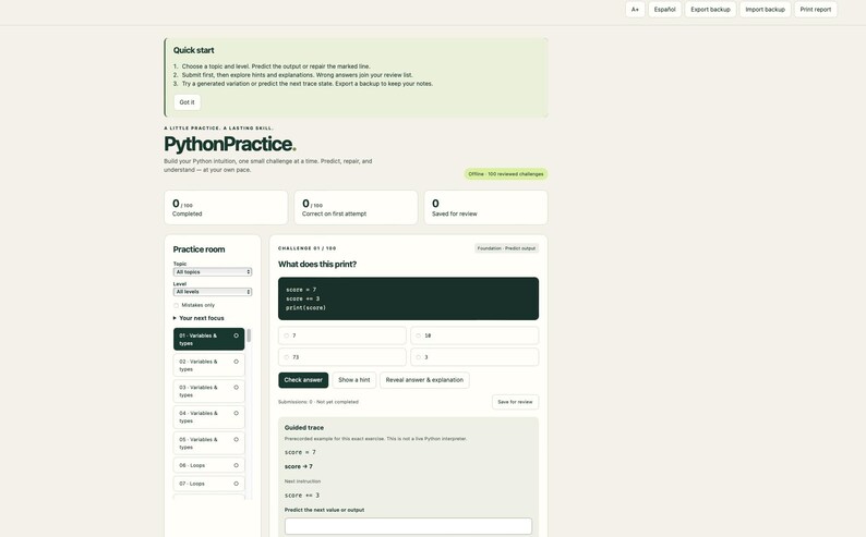 PythonPractice — Python Coding Exercises for Beginners, 100 Challenges + 50 Variations, Offline App, English and Spanish image 3