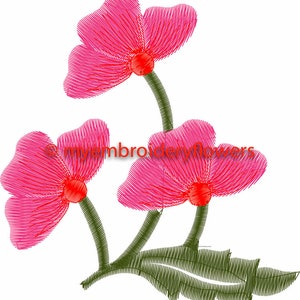 May include: An embroidery design featuring three bright pink flowers with red centers and green stems. The flowers are connected to a single green leaf base. The text myembroideryflowers is overlaid in red across the center of the image.