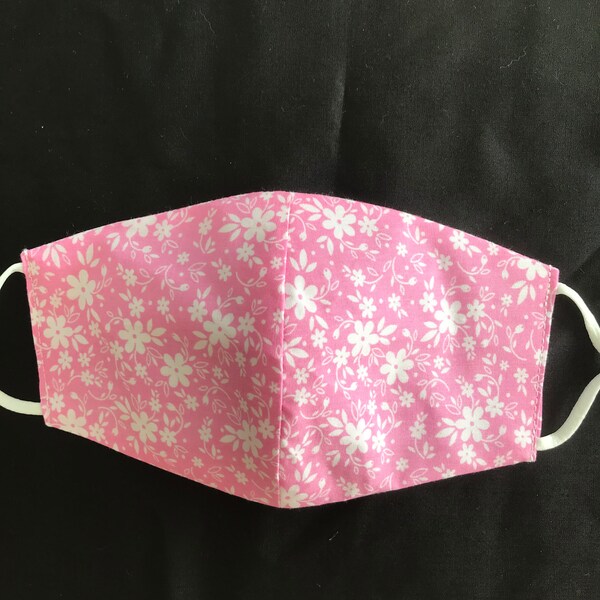 Pink and White Floral Face Mask.  Reversible.  100% cotton