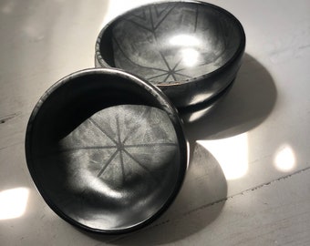 Handmade- Short Ceramic Bowl- Geometric Black on Black