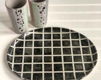 Handmade - Ceramic Oval Tray - Graph Black on White