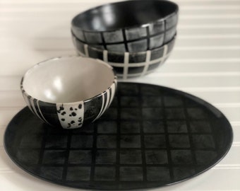 Handmade- Ceramic Oval Tray - Graph Black on Black