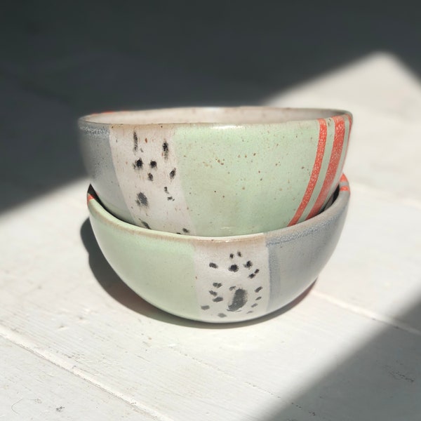 Handmade -  Ceramic Oblique Bowl- Retro Two-Tone Honeydew and Light Grey