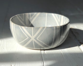 May include: A gray ceramic bowl with a white geometric pattern. The bowl is round and has a wide rim.