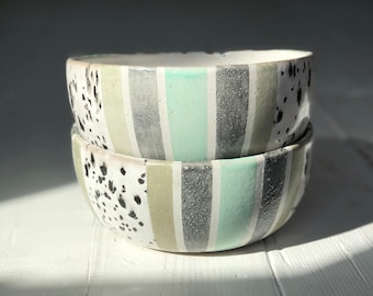 Large Handmade Ceramic Bowl- Candy Stripe Blue