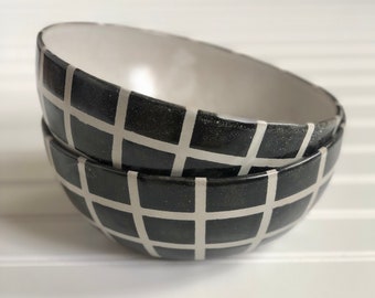 Fait à la main - Bol en céramique moyen - Graphique noir sur blanc