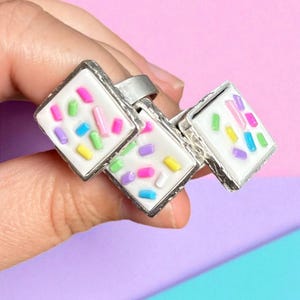 Birthday Cake Ring: Handmade Polymer Clay Icing & Sprinkles - Adjustable Silver Band