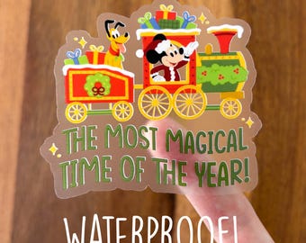 Disney Christmas Train WATERPROOF CLEAR Sticker - Mickey Mouse / Pluto / Santa / Merry Christmas / Happy Holidays / Winter / Reindeer