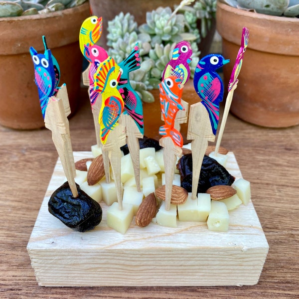 Colourful unique appetizer set. Artisanal handmade food sticks . Hand painted colorfoul . Original copal wood . Artistic Food stick. Kitchen