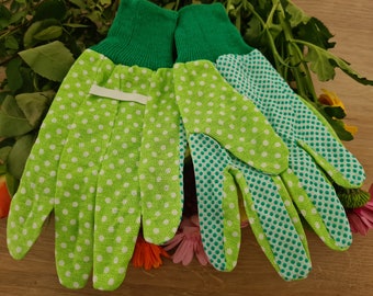 Gardener Gift, Gardening Gloves Ladies, Floral Womens Gloves, Green Dotted Gloves