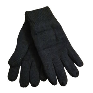 May include: A pair of black knitted gloves. The gloves are made of a soft, warm material and have a ribbed texture.