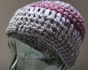 Upcycled Crochet Hat, Simple Crochet Beanie, Crochet Cap, Purple and Heather Grey