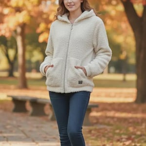 May include: Cream-colored hooded jacket with a full zipper closure and two front pockets. The jacket has a soft, textured appearance and a small square patch near the bottom. The person is wearing blue jeans. The background features a park setting with trees and a bench.
