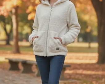 Vintage Courreges Sherpa Teddy Jacket | Cream Fleece Zip-Up Hoodie, Women's Small