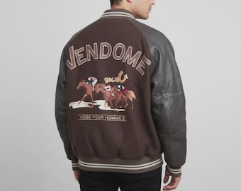 Chaqueta de carreras Vendome vintage / Bomber ecuestre de lana, mangas de cuero (Talla L a XL) Hombre