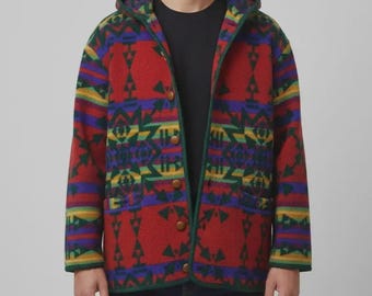 Vintage United Colors of Benetton Wolle Kapuzenjacke | Südwestlicher aztekischer geometrischer Druck-Mantel | Unisex Medium | 90er Jahre Tribal Strickjacke