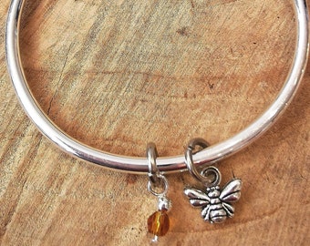 Bee Bracelet. Bangle with cute bee and crystal charms. Ball unscrews