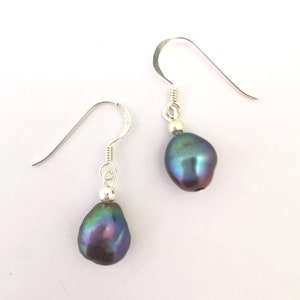 Black freshwater pearl drop earrings on sterling silver hooks