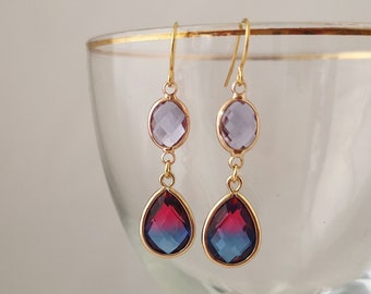 Beautiful purple hot pink and blue faceted glass gold plated earrings