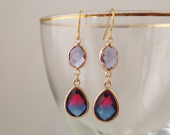 Orecchini pendenti in vetro sfaccettato: viola, rosa e blu, placcati oro