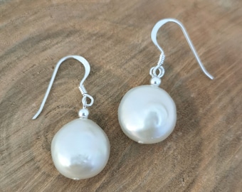 Freshwater pearl coin shape drop earrings on sterling silver hooks