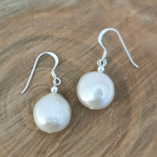 Freshwater pearl coin shape drop earrings on sterling silver hooks