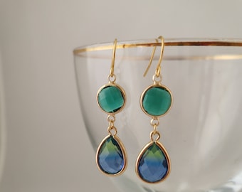 Beautiful blue and teal green faceted glass gold plated earrings