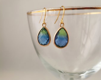 Faceted Blue Teal Glass Earrings: Gold Plated Boho Drop Earrings