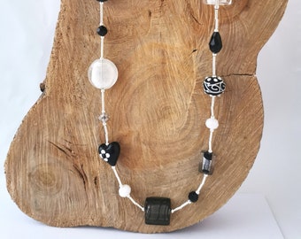 Funky long monochrome black and white necklace