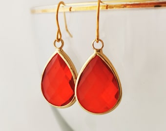 Bright red faceted glass drop earrings, gold plated, nickel free, hypoallergenic