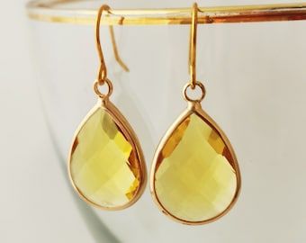 Mustard coloured faceted glass earrings, gold plated, nickel free hypoallergenic