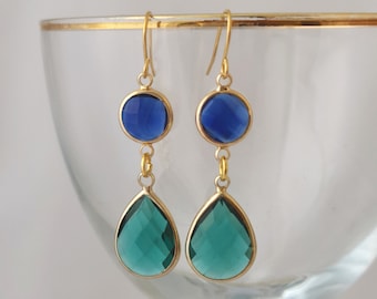 Blue and teal green faceted glass gold plated earrings