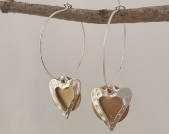 Gold and silver colour heart hoop earrings. Hammered heart, funky hoop earrings.