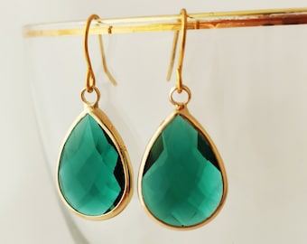 Gold and teal faceted glass teardrop earrings, hypoallergenic, nickel free