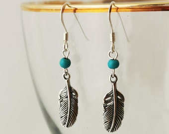 Sterling silver feather and turquoise earrings