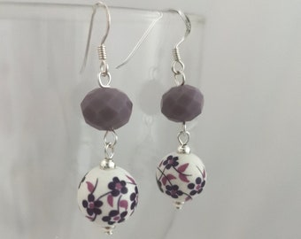 Purple ceramic vintage style drop earrings on sterling silver hooks