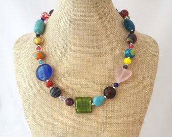 Funky multi colour mixed bead and gemstone necklace with toggle clasp. Chunky  necklace. Rainbow necklace