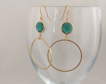 Teal and gold loop statement earrings, hypoallergenic, nickel free