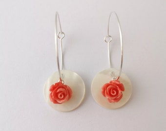 Vintage style rose hoop earrings. White and coral coloured earrings. Shell earrings