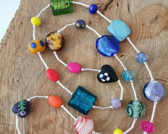 Funky colourful long glass and stone handmade bead necklace