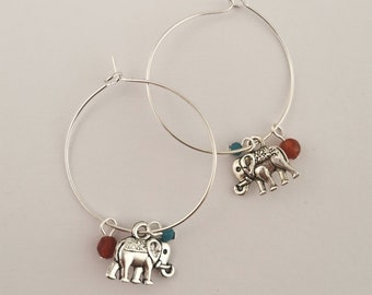 Elephant hoop earrings. Hoop earrings with elephant and turquoise and carnelian stones. Boho hoops, funky hoop earrings.