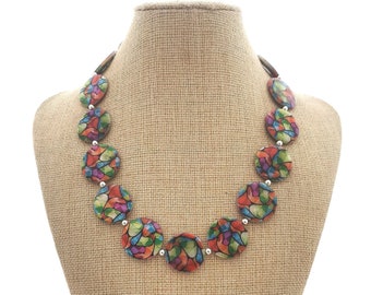 Funky multi colour necklace. Statement necklace Made from shell with toggle clasp. Chunky  necklace. Rainbow necklace