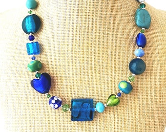 Funky blue and green mixed bead and gemstone necklace with toggle clasp