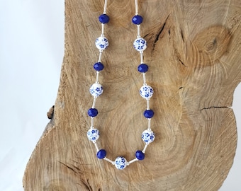 Blue and white ceramic bead necklace