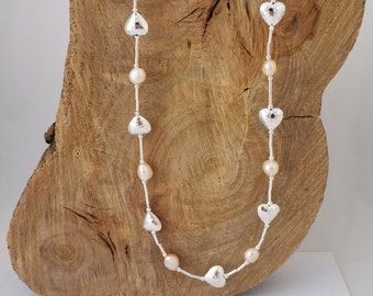 Long hammered heart and pink freshwater pearl necklace