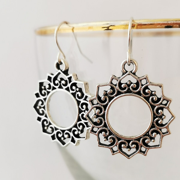 Silver colour mandala boho earrings. Nickel free and hypoallergenic