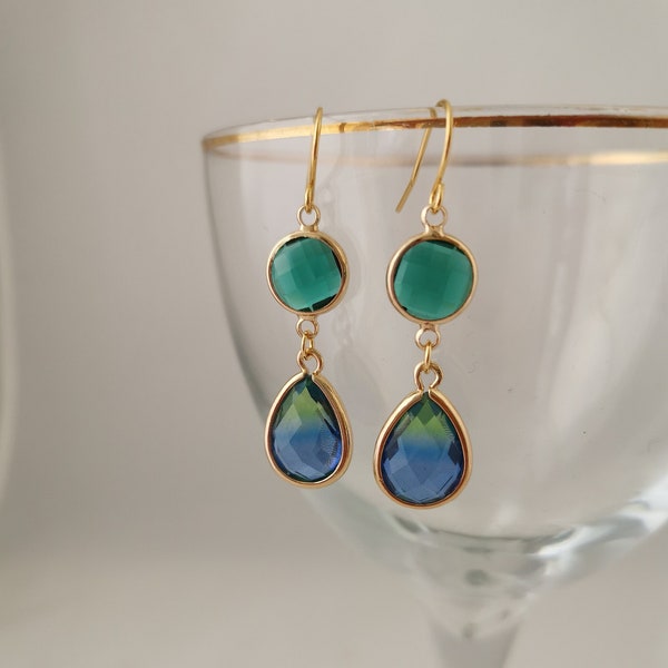 Beautiful blue and teal green faceted glass gold plated earrings